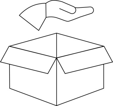 Açık bir kutunun üstündeki bir elin basit bir çizgisi çizimi, bağış yapmayı, vermeyi veya hediye almayı temsil ediyor..