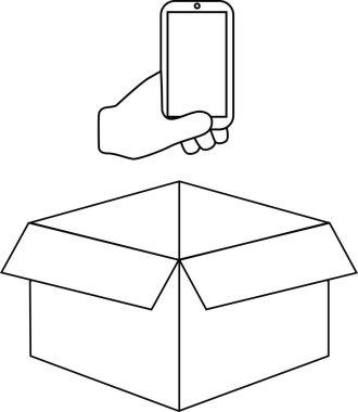 Akıllı telefonu açık bir karton kutuya yerleştiren bir elin basit bir siyah beyaz çizimi, teslimatı veya depolamayı simgeliyor..
