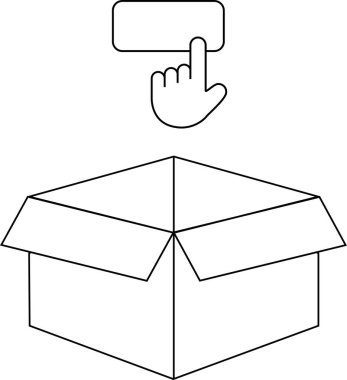 Açık bir kutunun üstündeki düğmeye işaret eden bir elin tasviri, bir ürün veya hizmet ile seçimi, teslimatı veya etkileşimi simgeler.