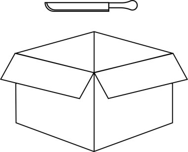 Açık bir karton kutunun üzerinde asılı duran bir bıçağın siyah beyaz çizimi, basit ve temiz bir tasarım..