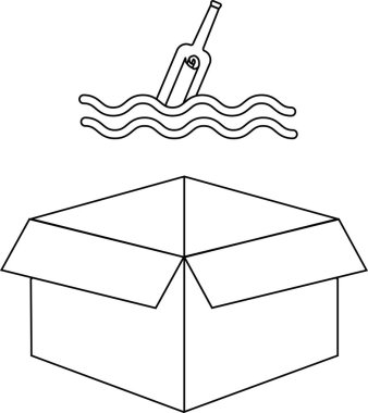 Siyah beyaz bir çizgi, açık bir karton kutunun üzerinde suyun üzerinde yüzen bir mesaj içeren bir şişe tasvir ediyor..