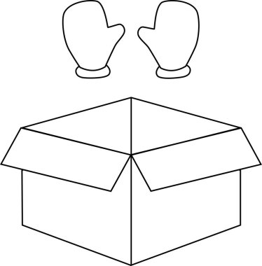 Bir kutu ve bir çift eldiven içeren basit bir siyah beyaz tasviri, kış temalı projeler ve boyama faaliyetleri için uygundur.