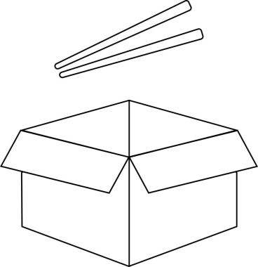 Üzerinde yemek çubukları olan açık bir kutunun basit siyah beyaz çizimi, Asya yemekleri ya da mutfağı öneriyor..