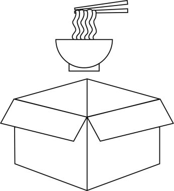 Açık bir karton kutunun üzerinde yemek çubukları olan bir kasedeki eriştenin siyah-beyaz çizimi, basit ve temiz bir tasarım..