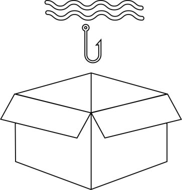 Üzerinde kanca ve dalgalı çizgiler olan açık bir kutunun basit bir çizimi..
