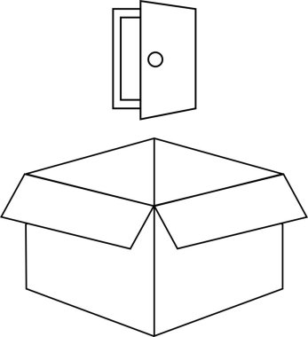 Üzerinde beyaz izole edilmiş, üzerinde yüzen bir kapı olan açık bir karton kutunun basit bir çizimi..