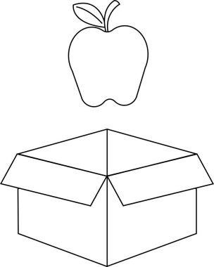 Açık bir kutunun üzerine yerleştirilmiş, eğitici ya da tasarım amaçlı bir elma gösteren siyah beyaz çizim.