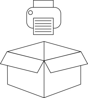Açık bir kutunun üzerine yerleştirilmiş bir yazıcının siyah ve beyaz çizimi, basit ama net bir görsel temsil oluşturur.