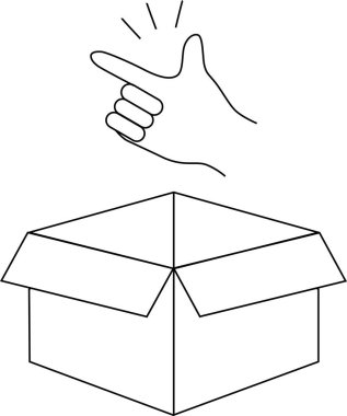 Bir elin açık bir karton kutunun üzerinde parmaklarını şıklatarak basit bir çözüm ya da teslimat öneren basit bir siyah beyaz çizgi çizimi..