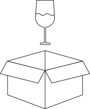 Açık bir karton kutunun üzerine yerleştirilmiş bir şarap kadehinin basit bir çizgisi..