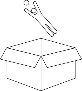 Basit bir siyah-beyaz çizim bir insanın açık bir kutuya atladığını gösteriyor, kutunun dışını düşünmek gibi kavramları temsil ediyor..