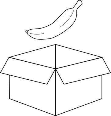Açık bir karton kutunun üzerine yerleştirilmiş bir muzun basit siyah beyaz çizimi, eğitim veya tasarım amaçları için uygundur..