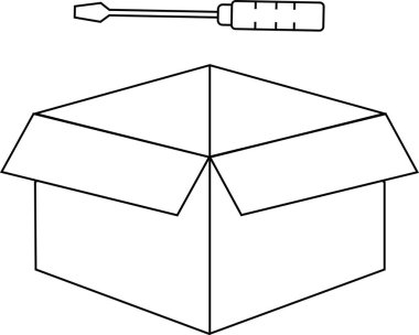 Üzerinde flaplar açık bir kutu ve bir tornavida olan basit bir siyah beyaz tasviri..