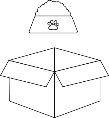 Açık bir kutunun basit bir siyah beyaz çizimi ve yiyeceklerle dolu bir yemek kasesi..