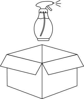 Açık bir karton kutunun üzerinde asılı duran bir sprey şişesinin siyah beyaz çizgisi..