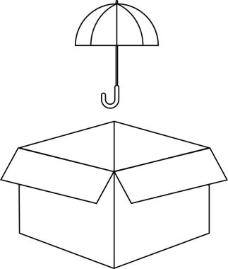 Açık bir kutunun üzerinde şemsiye bulunan basit bir siyah beyaz çizim, koruma, depolama ya da kavramsal bir fikri sembolize eder. Temiz çizgiler ve minimalist tasarım.