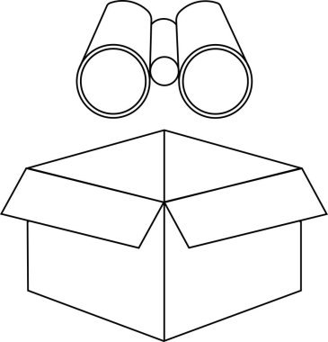 Açık bir kutunun üzerine yerleştirilmiş siyah beyaz çizgili bir dürbün çizimi basit ama ilgi çekici bir kompozisyon oluşturuyor..