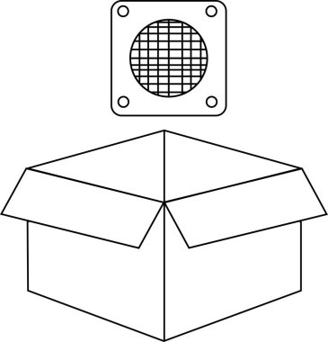 Üzerinde kareli bir nesne yüzen, beyaz üzerinde izole edilmiş, açık bir kutunun basit bir çizgi çizimi.
