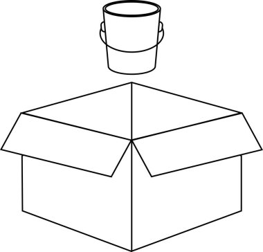 Bir kova, açık bir karton kutunun üzerine yerleştirilmiş basit bir çizgi çiziminde, minimalist bir tasarım yaratıyor..