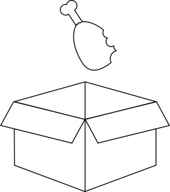 Bir tavuk budu çizimi. İçinden bir ısırık alınmış ve açık bir kutuya düşmüş..