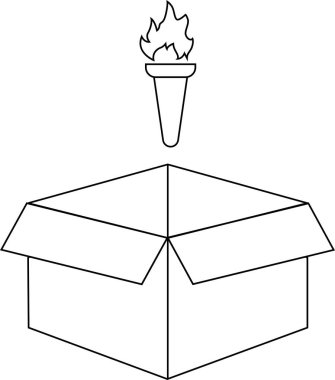 Siyah ve beyaz bir çizgi açık bir karton kutunun üzerinde, fikirleri ya da potansiyeli sembolize eden alevli bir meşaleyi gösteriyor..