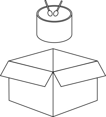 Açık bir kutunun üzerinde yüzen bir davulun siyah ve beyaz çizimi basit ama merak uyandıran bir kompozisyon oluşturuyor..