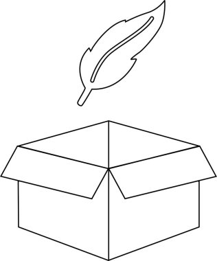 Çeşitli yaratıcı projeler için uygun, açık bir kutuya düşen tüyün basit bir siyah beyaz çizimi.