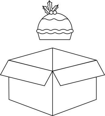 Açık bir kutunun üzerinde yüzen bir Noel pudinginin siyah beyaz çizimi. Tatil temalı tasarımlar için mükemmel..