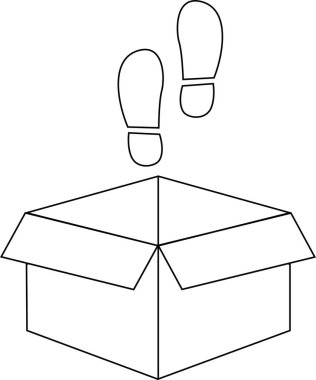 Açık bir karton kutunun üzerinde yüzen ayak izlerinin basit bir siyah beyaz çizimi, kutunun dışındaki düşünceyi sembolize ediyor ya da bir adım atıyor..