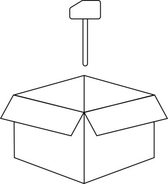 Çekicin basit bir çizgisi açık bir karton kutunun üzerinde duruyor, vurmaya hazır..