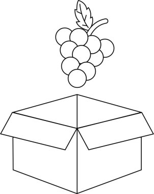 Açık bir kutunun üzerine yerleştirilmiş bir demet üzüm, basit bir siyah beyaz çizgi çiziminde resmedilmiştir..