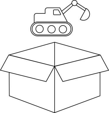 Açık bir karton kutunun üzerine yerleştirilmiş bir kazıcının siyah ve beyaz çizgi çizimi, renklendirme veya eğitim amaçlarına uygun.