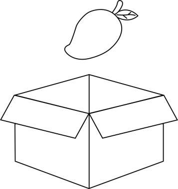 Basit ve temiz bir tasarım olan bir kutuya düşmek üzere olan bir mangonun siyah beyaz çizimi.