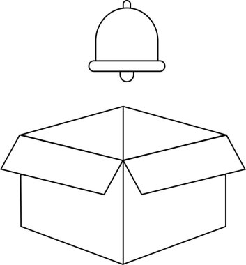 Uyarıları veya yeni ögeleri sembolize eden, açık bir kutunun üzerinde asılı duran bir uyarı zilinin basit bir çizgi çizimi.