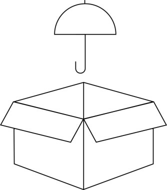 Üzerinde şemsiye sembolü olan açık bir karton kutunun basit bir çizimi, kuru tutmak için..
