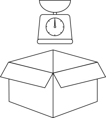 Açık bir kutu ve çeşitli tasarım amaçları için uygun bir ölçek tasvir eden basit bir siyah-beyaz taslak çizimi.