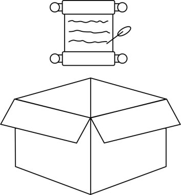 Açık bir kutu ve parşömen içeren basit bir siyah beyaz illüstrasyon, keşif, bilgi ve depolama temaları öneriyor.