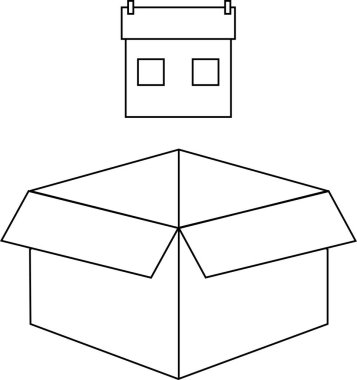 Kanatları açık bir kutunun basit bir çizgi çizimi ve üzerinde küçük bir ev..