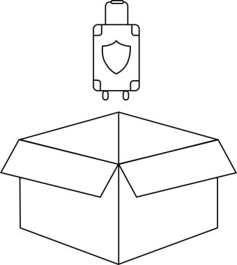 Üzerinde kalkan tasarımı olan bir bavul açık bir karton kutunun üzerinde asılı duruyor, basit bir çizgili sanat tarzıyla tasvir edilmiş..
