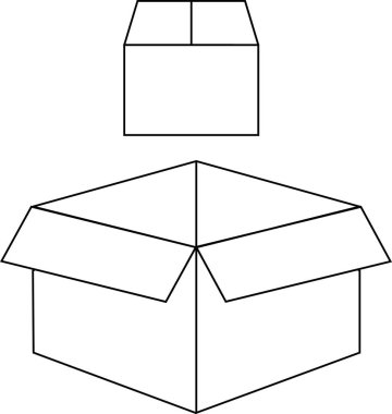 İki kutunun basit çizimi, biri kapalı ve biri açık, beyaz bir arkaplanda izole edilmiş..