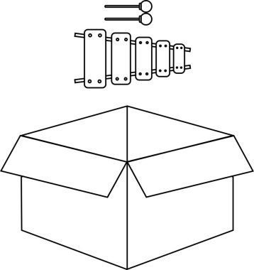 Bir ksilofon ve tokmak açık bir kutunun üzerine yerleştirilmiş siyah ve beyaz çizgili bir resim çiziminde..