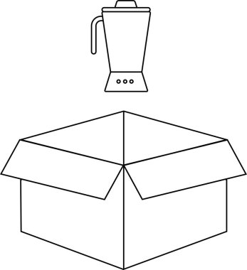 Açık bir karton kutunun üzerine yerleştirilmiş bir karıştırıcının taslak çizimi, mutfak aletleri veya hareketli kavramlar için uygundur.