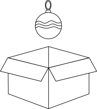 Açık bir kutunun üzerinde asılı duran, bayram temalı tasarım ve boyama sayfaları için mükemmel bir Noel süslemesinin basit siyah beyaz çizgisi çizimi.