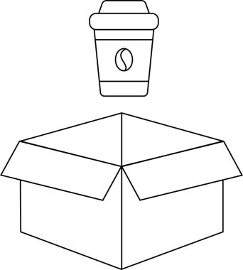 Açık bir karton kutunun üzerinde yüzen bir kahve fincanı çizimi, çeşitli tasarım amaçları için uygundur..