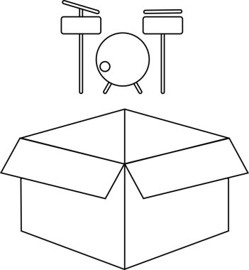 Açık bir karton kutunun üzerinde duran davul setinin basit bir siyah beyaz çizgisi çizimi.