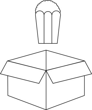 Açık bir karton kutunun üzerinde yüzen bir kekin basit bir siyah beyaz çizgisi çizimi.