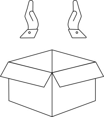 Açık bir kutunun üstündeki ellerin tasviri teslimatı, sunumu ya da alımı simgeliyor. Basit satır sanatı tarzı.