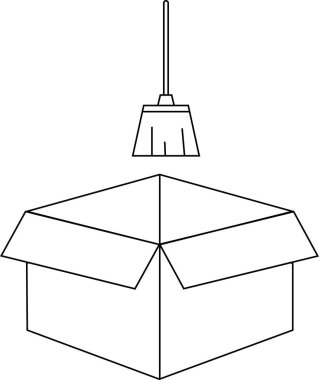 Açık bir karton kutunun üzerine asılmış siyah beyaz bir süpürge çizimi temizlik ya da depolama önerisi.
