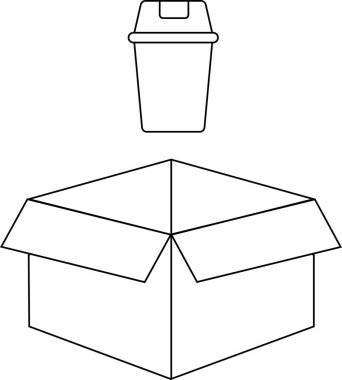 Açık bir karton kutunun üzerinde yüzen tek kullanımlık bir bardağın basit bir siyah beyaz çizgisi..