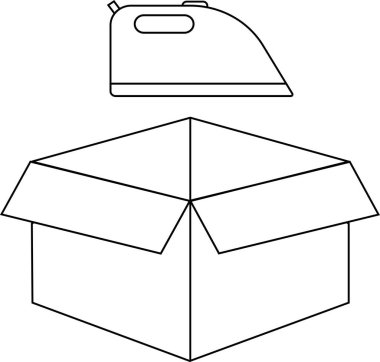 Açık bir karton kutunun üzerinde yüzen bir demirin çizgi çizimi, basit ve temiz tasarım..